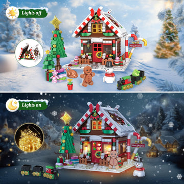 Christmas Gingerbread House Building Block for Girls Age 12+ with LED Lights, Christmas Village House Blocks Set with Christmas Tree and Train