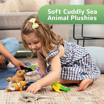 PREXTEX 10 Piece Plush Soft Stuffed Sea Animals - Small Stuffed Animals Bulk - Playset Plush Assortment, Turtle, Stingray, Nemo Fish, Killer Whale