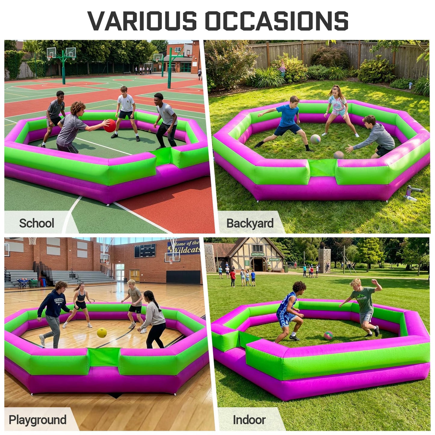 OZIS 15FT Inflatable Gaga Ball Pit with Gagaball, Portable Gagaball Court for Indoor/Outdoor Sports, Family Activities Easy to Setup (GreenPurple)
