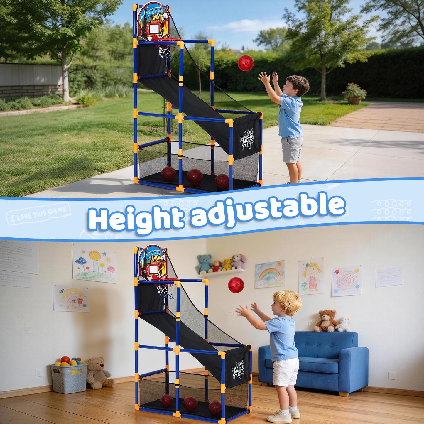 GarveeLife Kids Basketball Arcade Game Set with 4 Balls, Indoor & Outdoor Adjustable Basketball Hoop and Dart Game, Height Adjustable Sports Toy