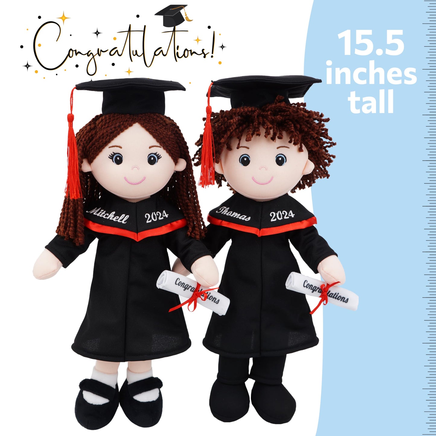 June Garden Personalized 15" Graduation Gifts - Personalized Name, Text and Year - Soft Plush Dolls with Cap and Gown - Gifts for Preschool