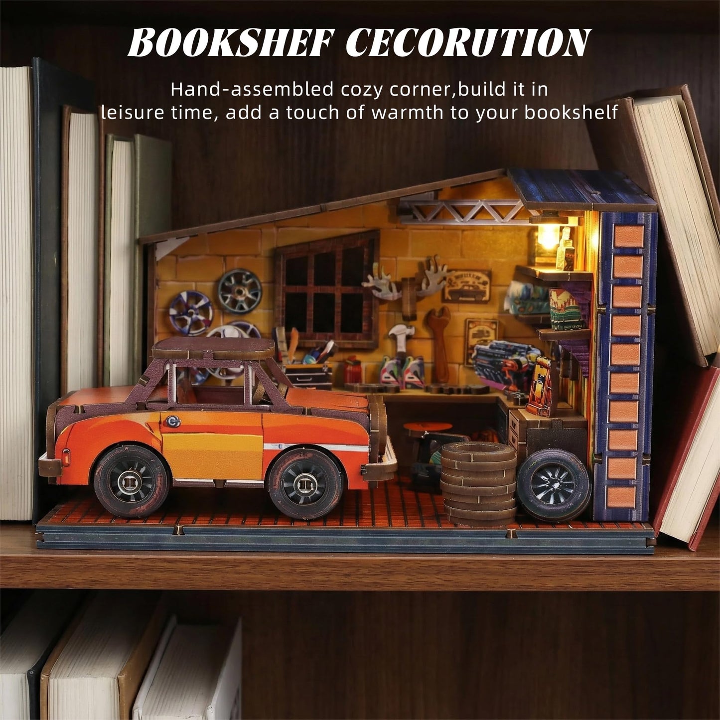 kolotesame Book Nook Kit, DIY Miniature House Kit for Adult 3D Wooden Puzzle with LED Light, Retro Garage Tiny House Bookshelf Insert Decor, Creative