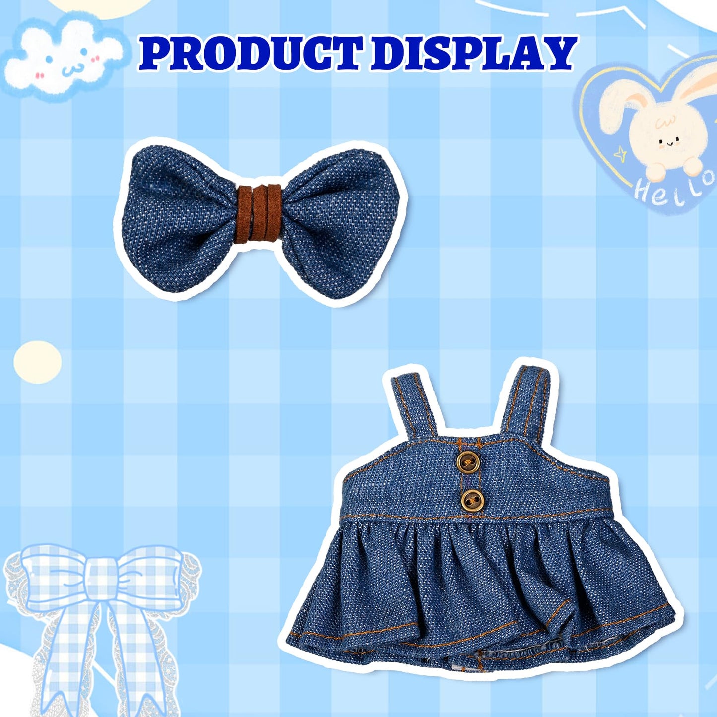 2PCS Doll Clothes Set Denim Overalls Skirt and Striped Shirt Outfit for 15 16 17cm 4 Inch Blind Box Dolls