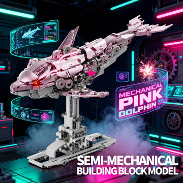 Myth Qholve Mechanical Pink Dolphin Building Blocks Set Hand-Operated Motion, Detailed Gear Design, Display & Play Model Futuristic Ocean Animal Model