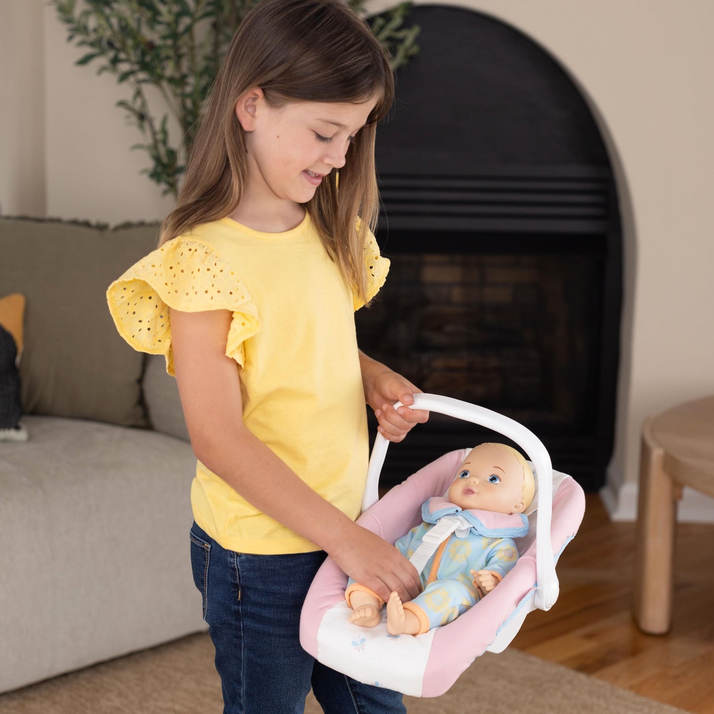 Baby Doll Car Seat Carrier with Base Realistic Toy Carseat for 12-20 Inch Dolls - Portable Travel Seat with Safety Straps & Handle - Kids Pretend Play