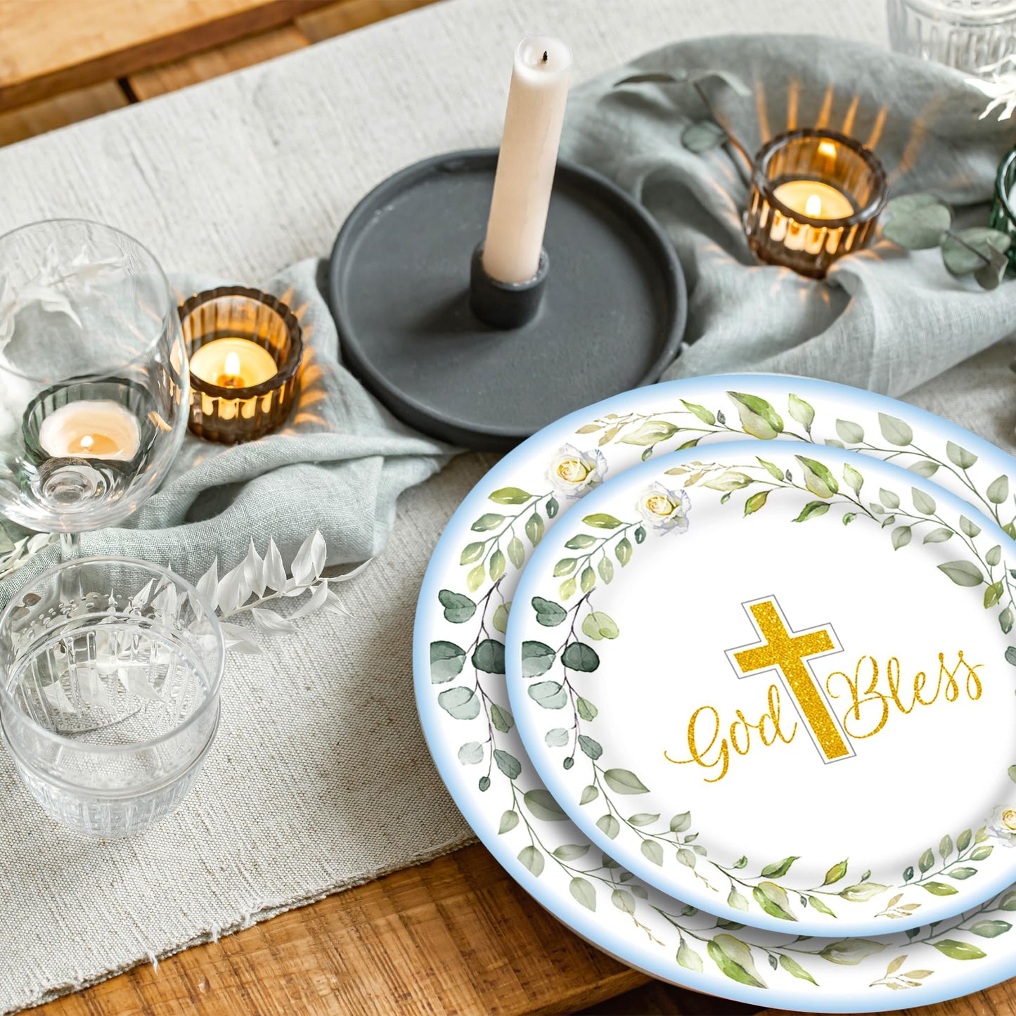 First Communion Decorations,Paper Plates and Napkins Set(Serves 25),Blue First Communion Decorations Mi Primera Comunion Party Decorations Included