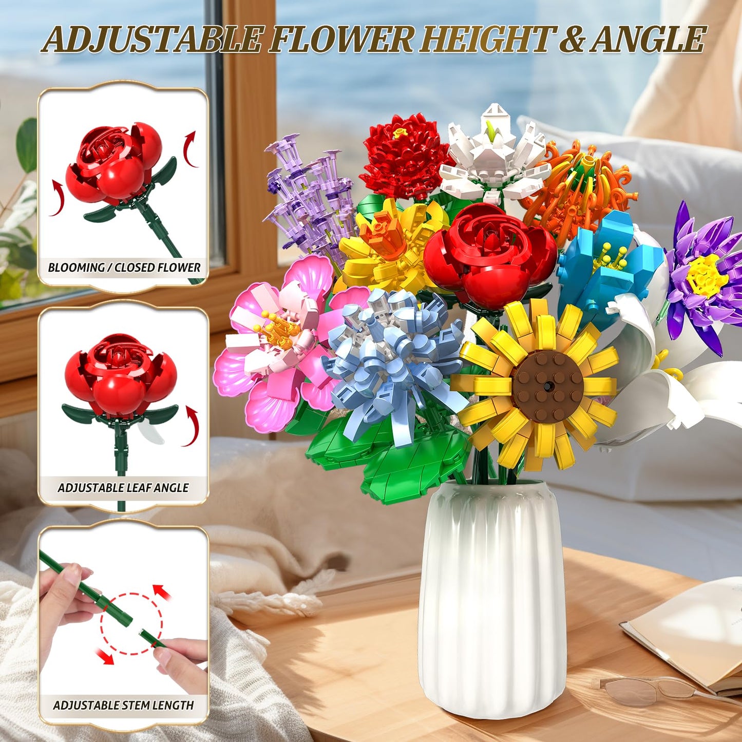 Rasout Flowers Bouquet Building Set - 12 Kinds of Flowers Botanical Collection and Decorative Home for Mother's Day, Birthdays, Gifts Ideal for 6+