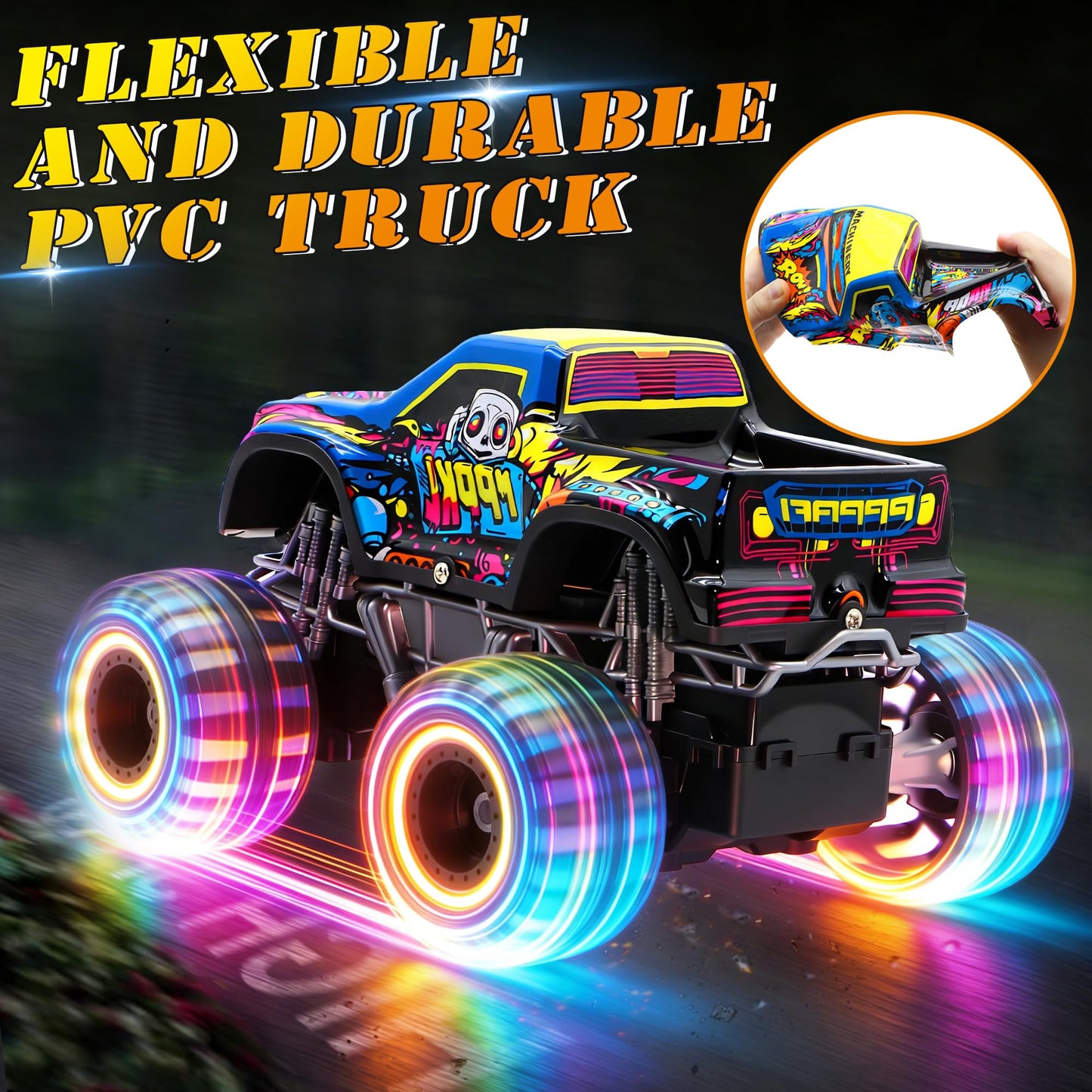 Remote Control Monster Truck Toys for Kids, 1:20 Scale 2.4GHz RC Car with Lights, All Terrain Rechargeable RC Truck with 2 Rechargeable Batteries, Toy