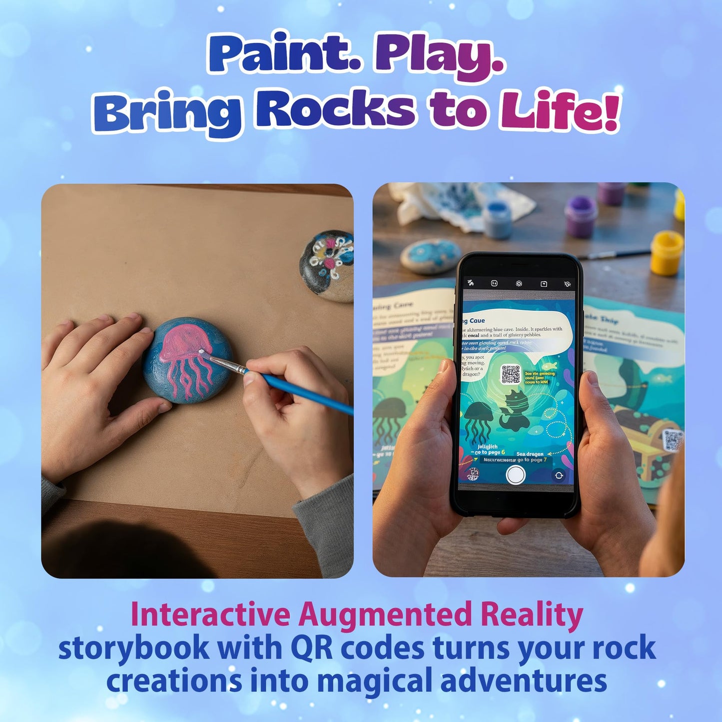 Pinwheel Crafts Glow in the Dark Rock Painting Kit with Interactive AR Storybook - 128pc Arts & Crafts Set for Kids - Augmented Reality Educational
