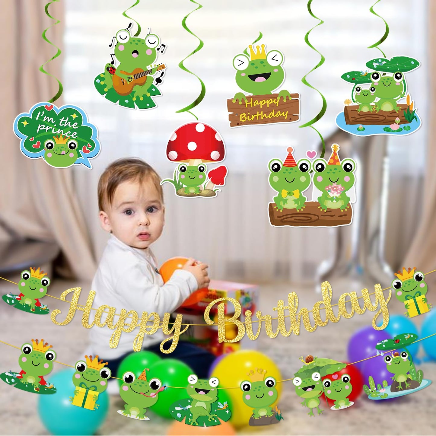 Frog Birthday Banner Gold Glitter with Garland Hanging Swirls, Frog Birthday Party Decorations for Princess Prince Baby Shower Party Decor