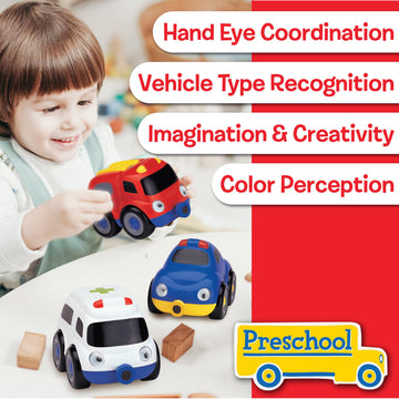 Small World Toys Emergency Vehicle Toys, Magnetic Tailgate Trio Cars for Toddlers 1-3, Preschool Mini Car Toys, Fire Engine, Police Car & Ambulance