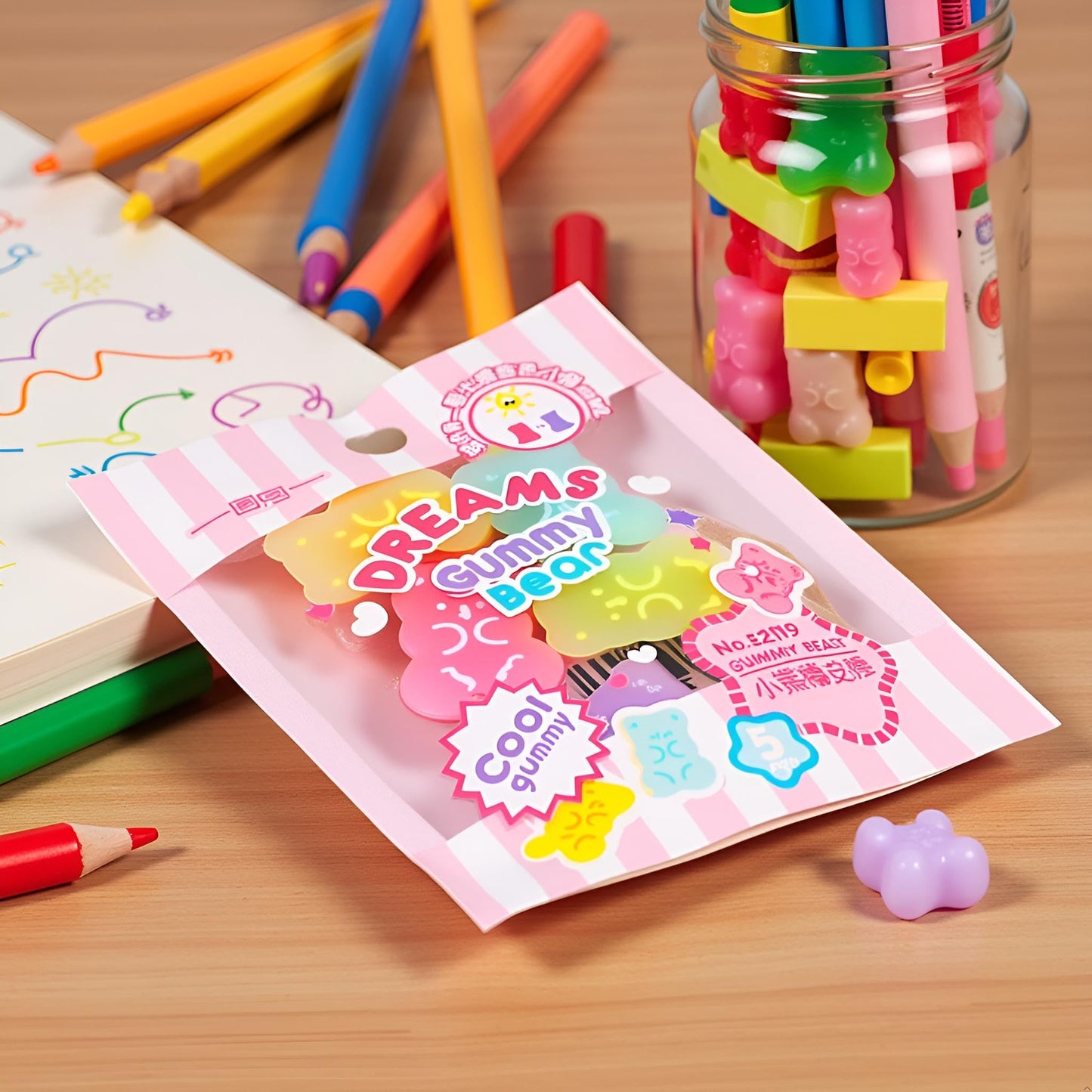 5Pcs Cute Erasers for Kids - Colorful Gummy Bear Cabochons, Erasers Animals, Interactive Eraser Pets, Cartoon Bear Pencil Erasers, Stationery Supplies