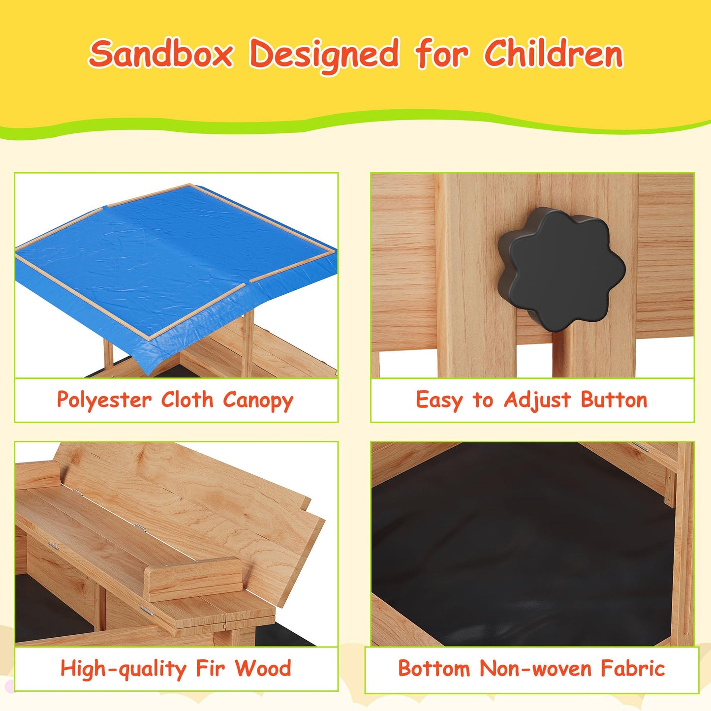 Wooden Sandbox with Lid&Cover, Outdoor Sand Box with 2 Bench Seats, Bottom Liner, Adjustable Height & Rotatable Canopy for Ages 3-8, Spacious Kids