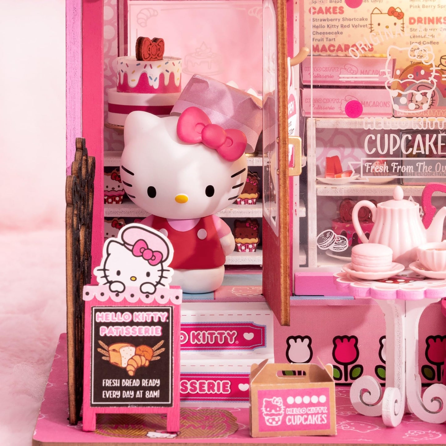 Hands Craft Hello Kitty Patisserie Miniature House Kit with Hello Kitty Figurine - Kawaii 3D Puzzle with Switch Activated LED Lights - DIY Wooden