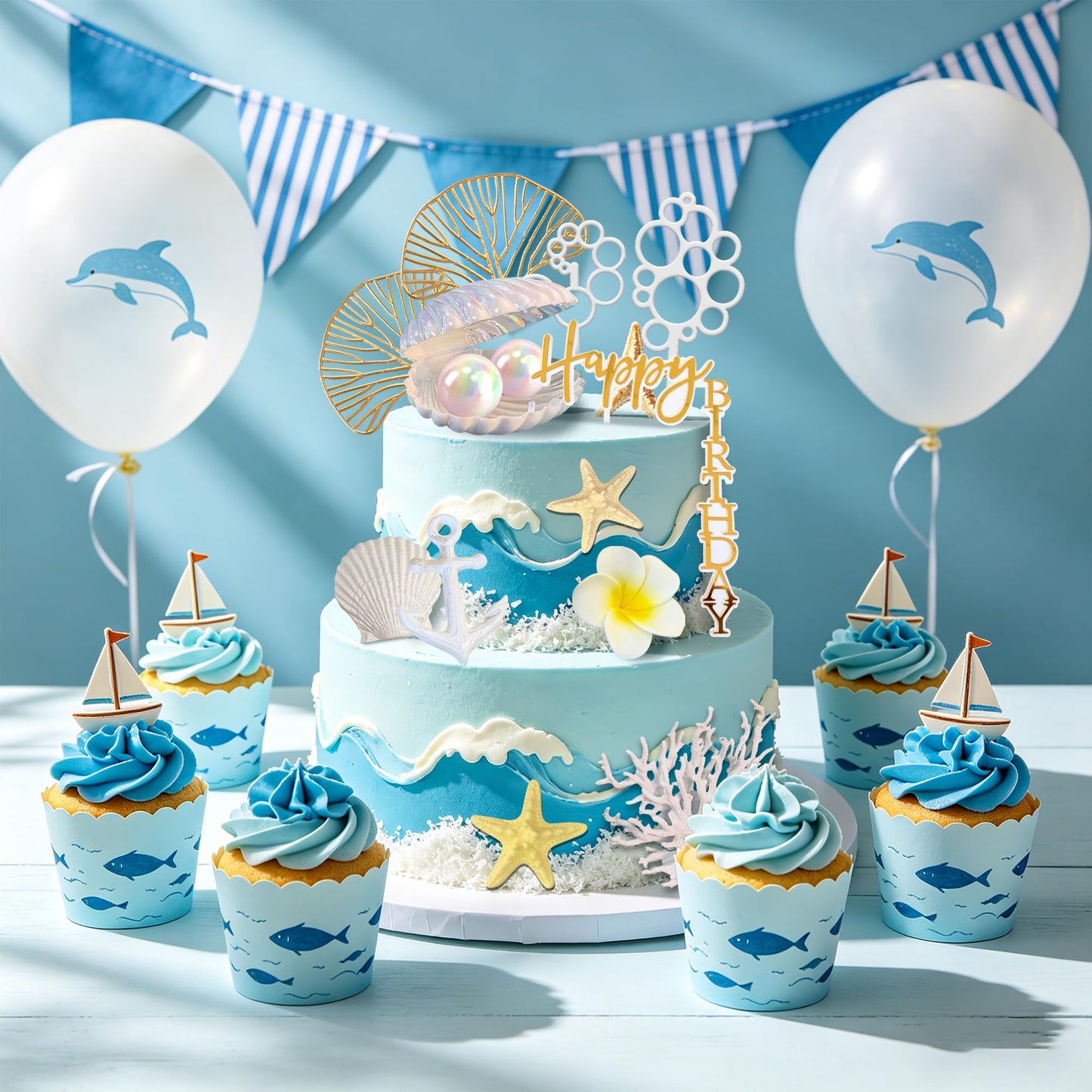 SeaShell Cake Decorations Under The Sea Cake Toppers with Starfish Shell Balls Coral for Summer Beach Birthday Supplies