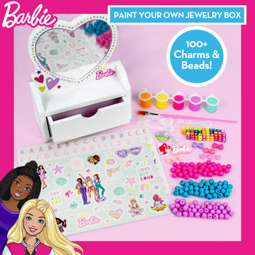 Barbie Paint Your Own Jewelry Box, Customize A Heart-Shaped Vanity & Jewelry Box with Acrylic Paints, Create 5 Pieces of Jewelry, 100+ Charms & Beads