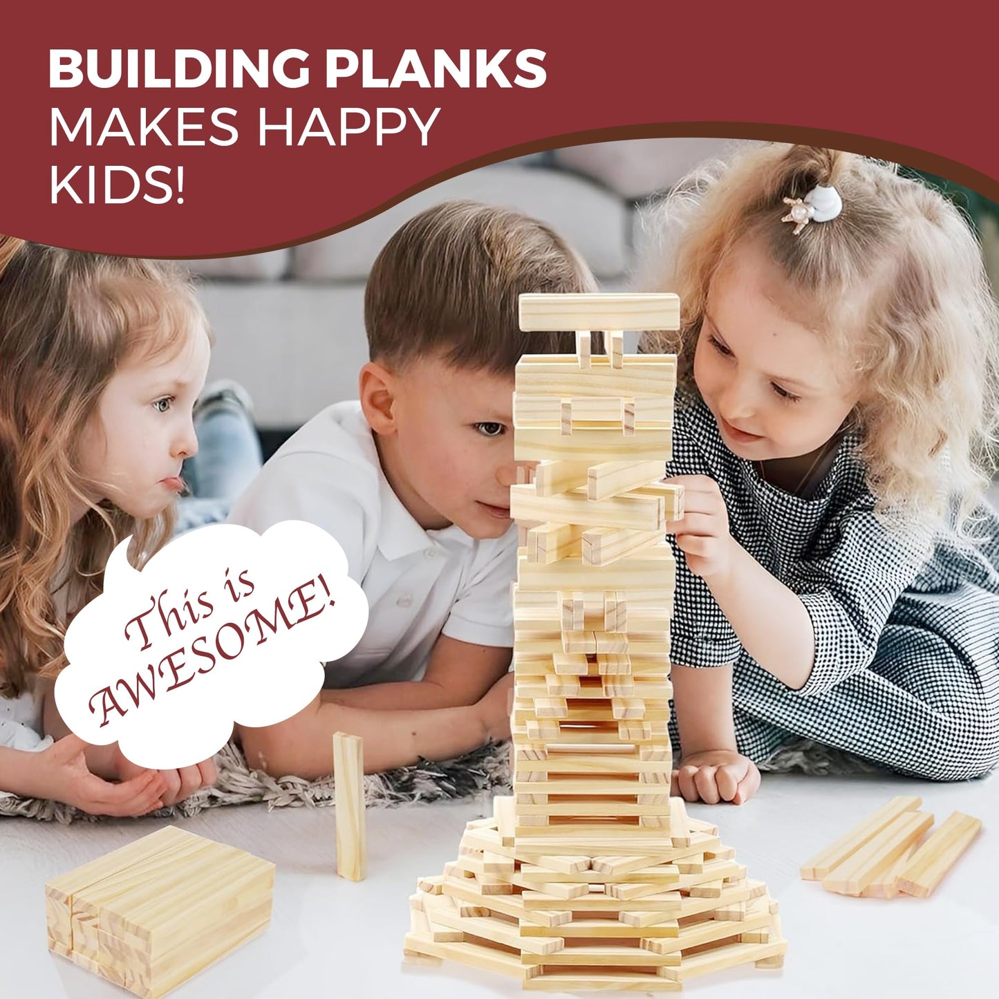 OWT Wooden Building Planks for Kids | 100 Piece STEM Construction Blocks Set for Creative Play | Educational Wood Building Toys for Boys and Girls