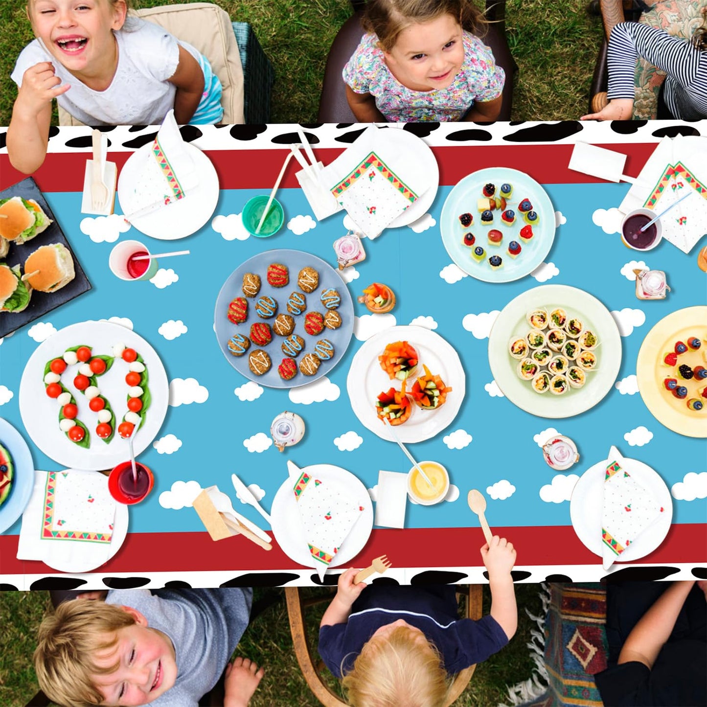 QUERICKY 4 Pack Story Tablecloths, 51x87'' Cow Pattern Table Cover, Story Theme Happy Birthday Decorations for Boy Girl Kids Birthday Party Supplies