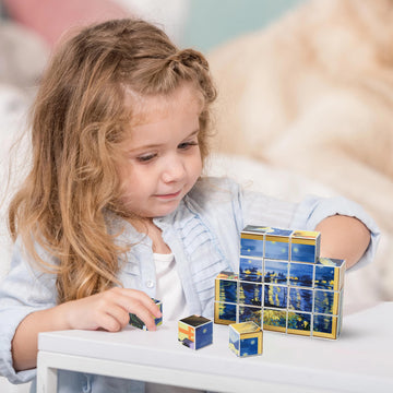 PicassoTiles 20pcs 1” Magnetic Puzzle Building Cubes Blocks for Kids, Van Gogh, Mona Lisa Hand Puzzle, STEM Magnet Toy Mix&Match Educational Popular