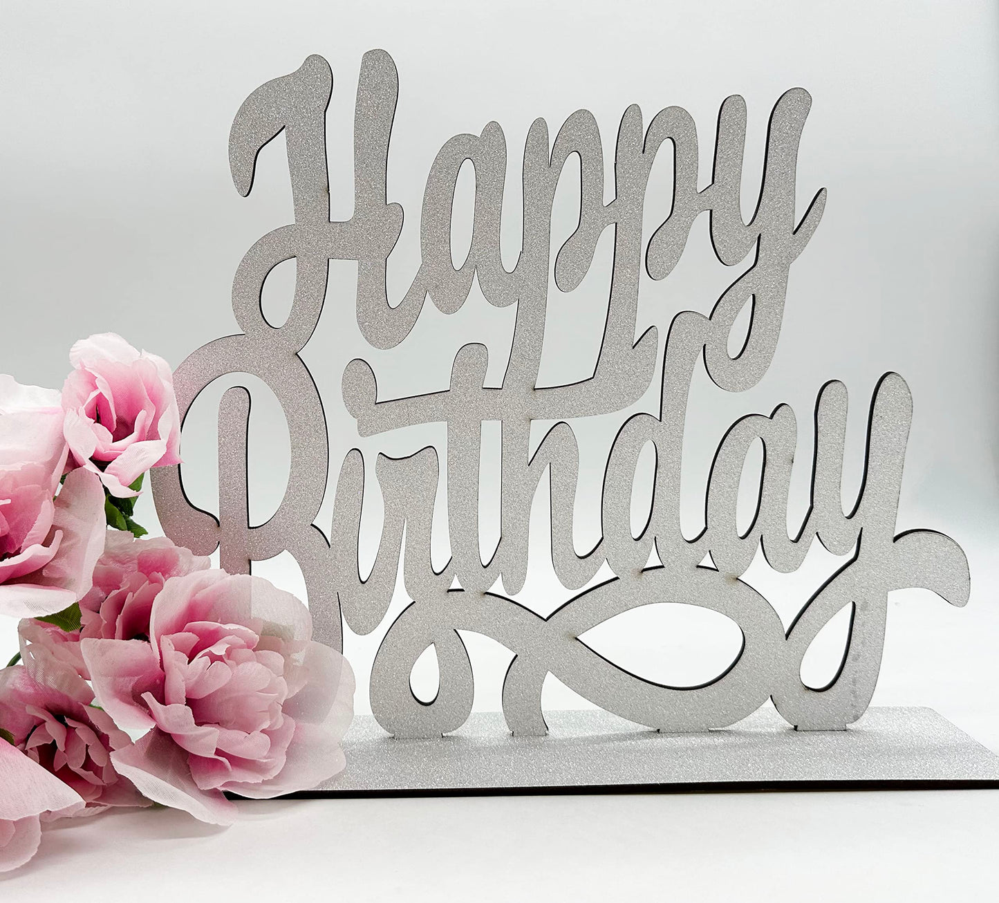 Happy Birthday Wood Sign Wall Decor Wooden Table Sign Centerpiece Birthday Party Decoration Supplies - 4 PCS (Sliver/Glitter)