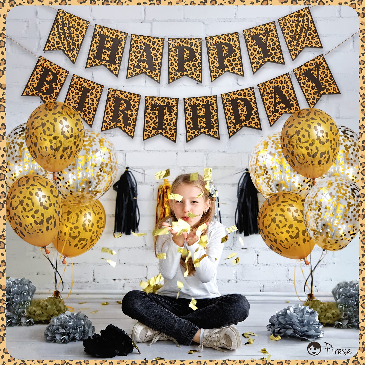 Pirese Cheetah Happy Birthday Banner - Cheetah Birthday Decorations, Leopard Party Decor, Safari Theme Party Supplies, Animal Print Party