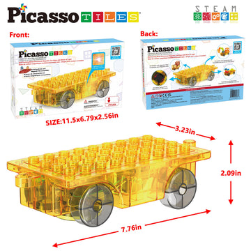 PicassoTiles Magnet Tile Motorized Car Base Self Turning Omnidirectional Truck with Light And Motor Playset Magnetic Tiles Construction Building