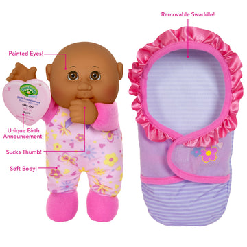 Cabbage Patch Kids Official, Newborn Baby African American Girl Doll - Comes with Swaddle Blanket and Unique Adoption Birth Announcement 9 Inches