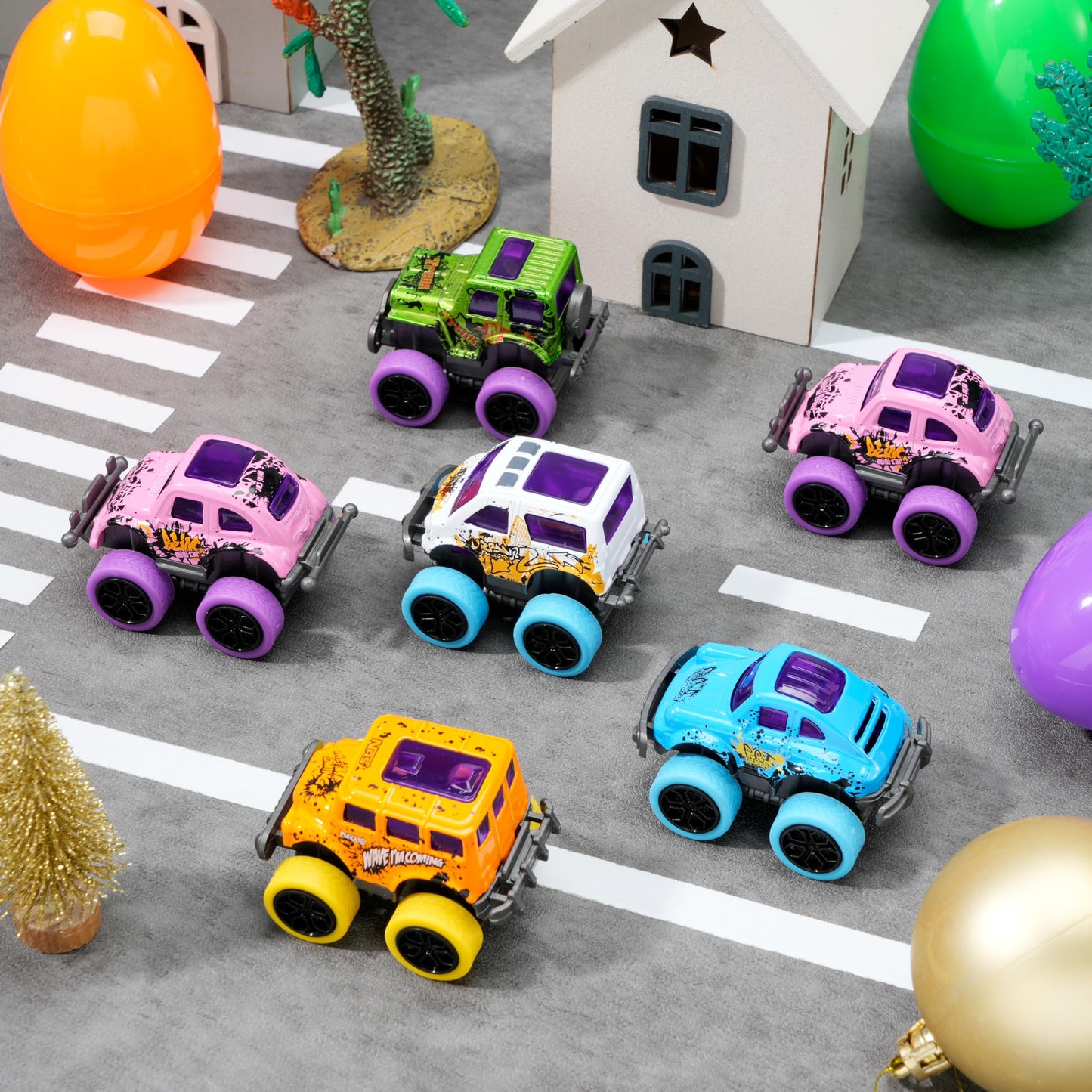 JOYIN 12 Pcs Easter Eggs Filled with Pull Back Monster Cars, Easter Trucks Cars for Kids Egg Hunt, Basket Stuffers Filler and Classroom Prize