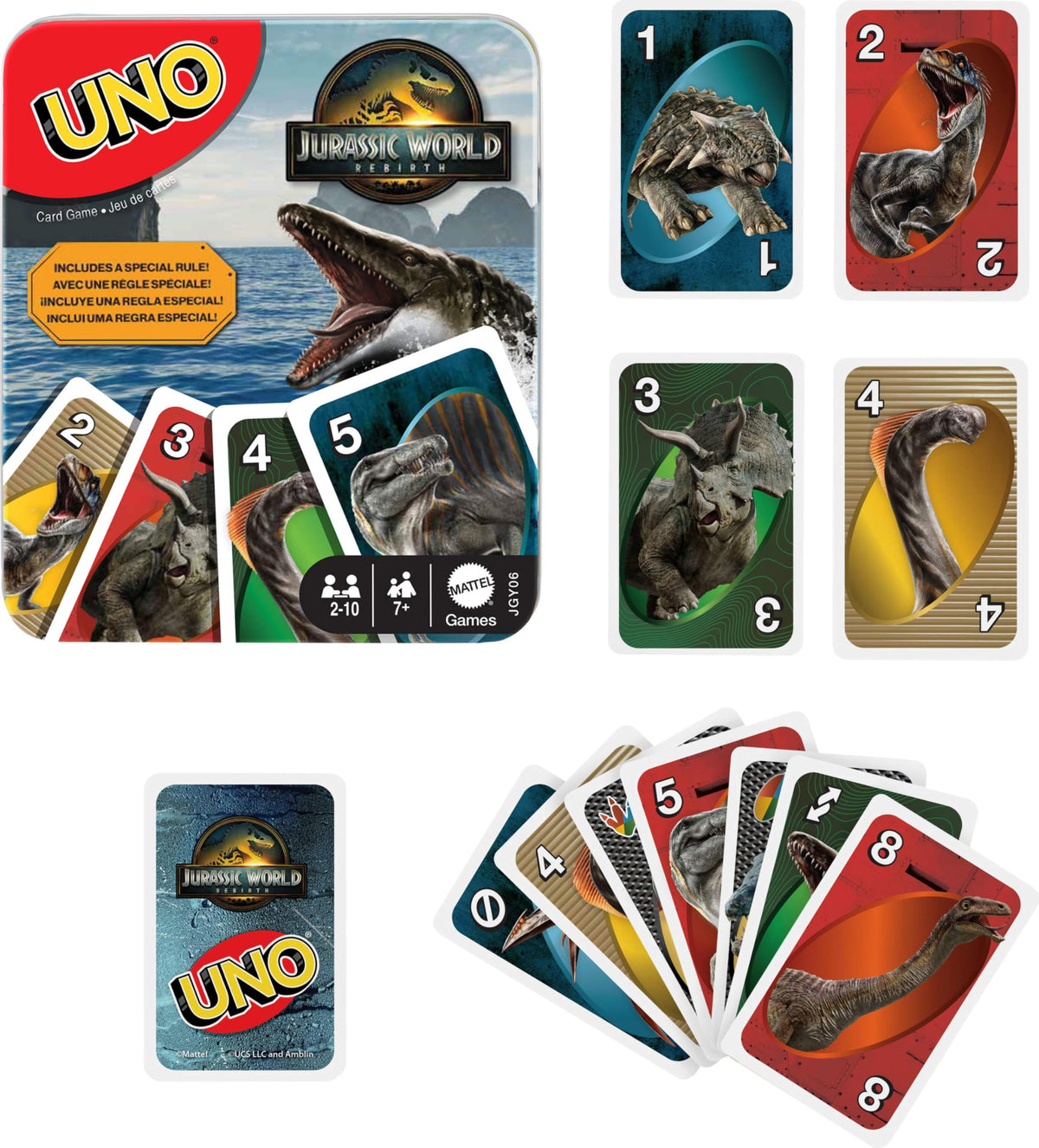 Mattel Games UNO Jurassic World Rebirth Card Game in a Collectible Tin for Kids, Adults & Family with Special Rule & Images Inspired by the Movie