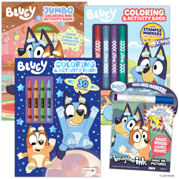 Bluey Coloring Book Bundle for Kids - 4-Pack Activity Set with Jumbo Coloring Book, Crayons, Stamper Markers, Stickers, and Mess-Free Imagine Ink