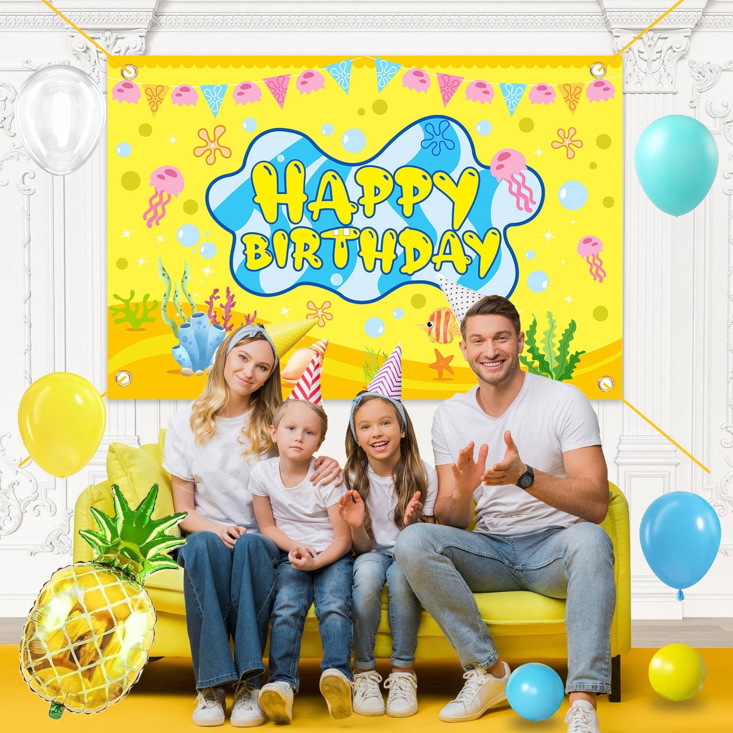 Cartoon Sponge Balloon Arch Kit-Blue Green Yellow Balloons Birthday Decorations For Boys girl,Party Decor Supplies Girls Including Happy Birthday