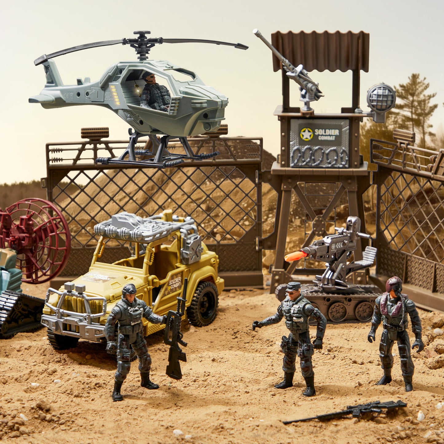 SYNCFUN Military Toy Set with Army Base, Vehicles, Action Figures & Weapon Accessories, Helicopter with Light & Sound - Christmas Birthday Gift