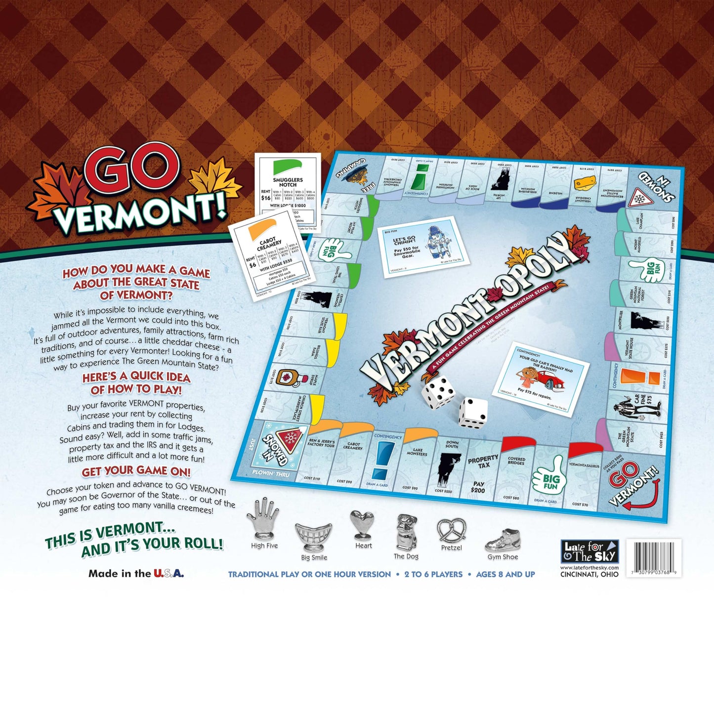 Late for The Sky Vermont-Opoly State Themed Family Board Game, Vermont Strategy Board Game for Adults and Kids, Ages 8+, 2-6 Players, Traditional or 1