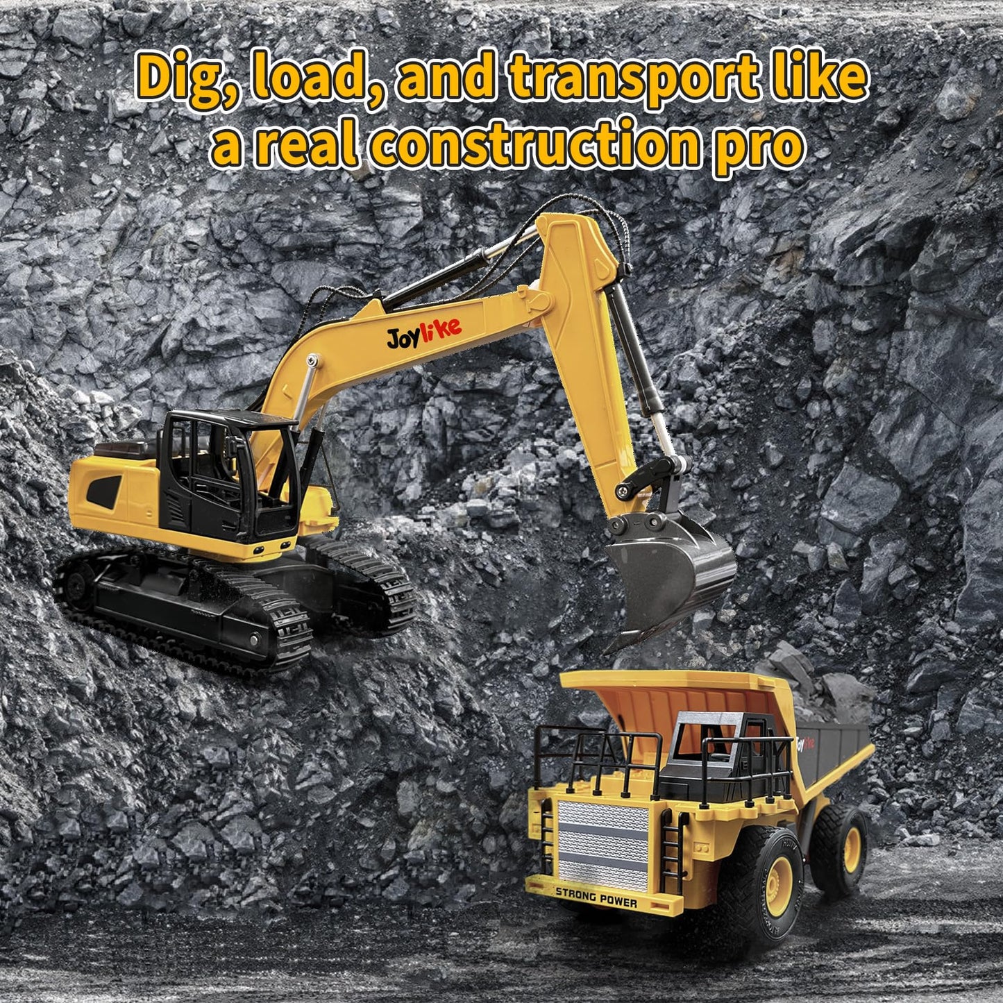Joylike RC Excavator and Dump Truck Toy Set?2.4Ghz Metal Remote Control Construction Vehicle with Light&Sound, Best Christmas Toy for Boys 8+Year Old