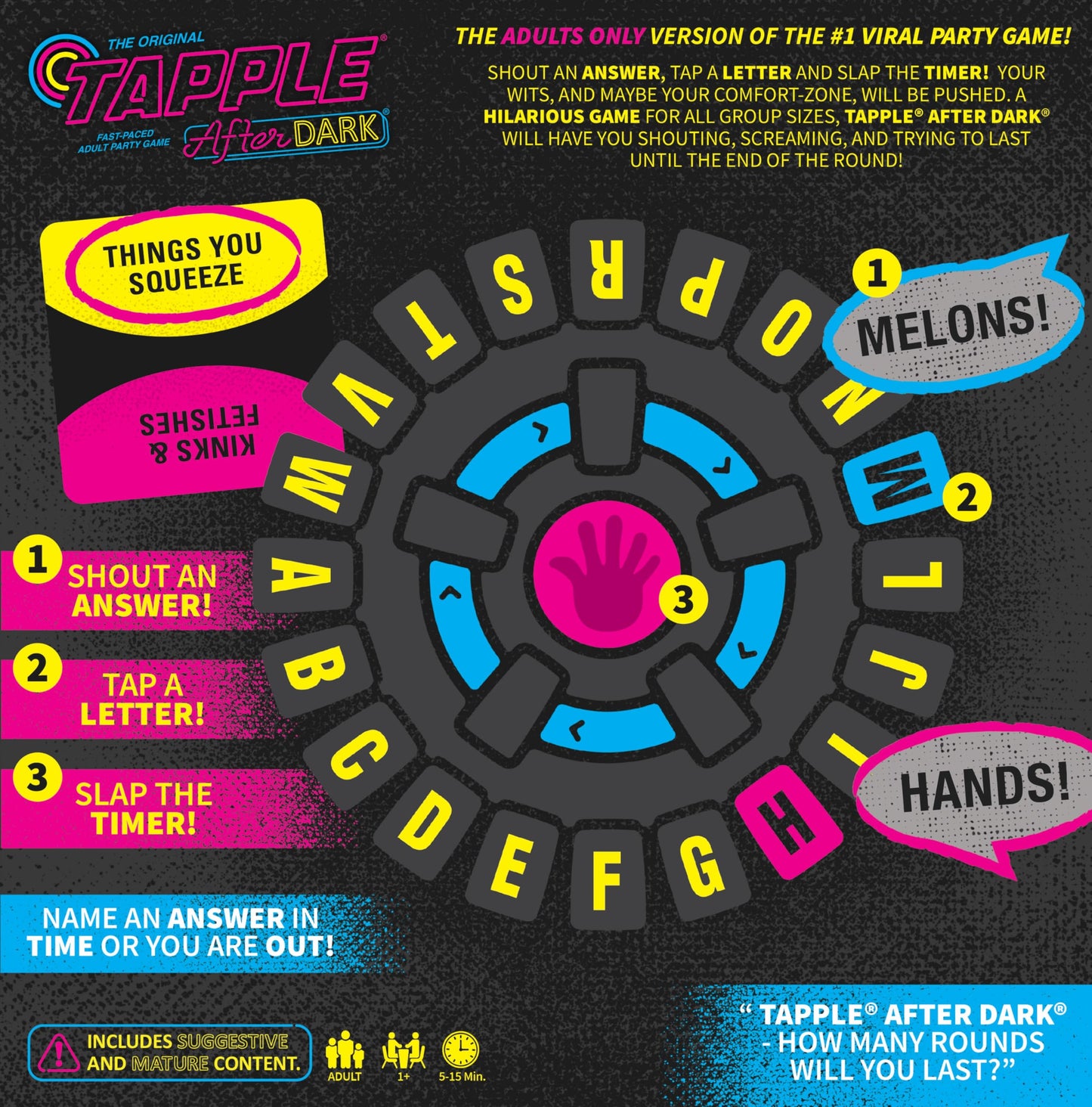 Tapple: After Dark Word Game, Fast-Paced Board Game for Ages 17+, Pick a Category, Tap a Letter, Shout an Answer, and Race Against The Timer to be
