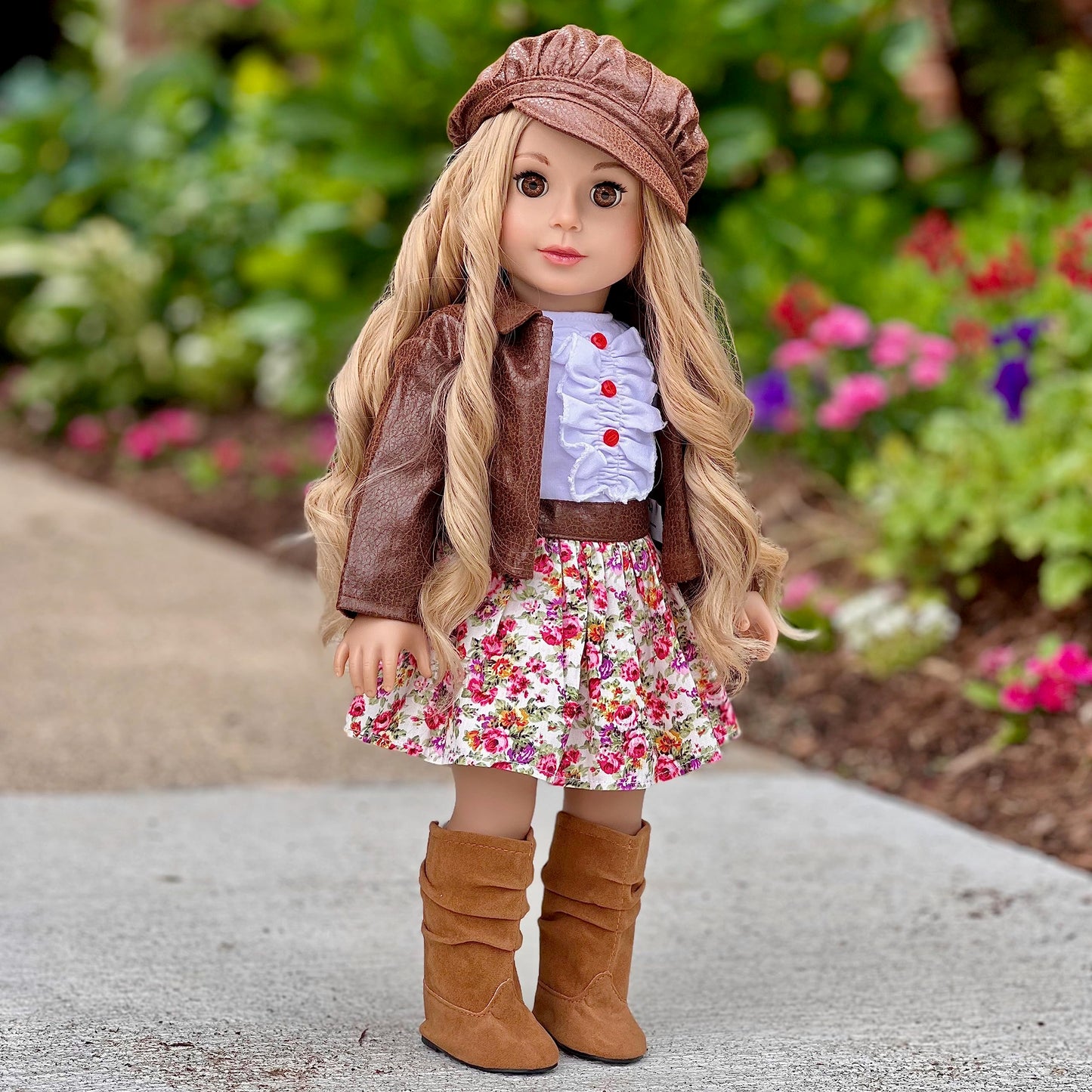 DreamWorld Collections - Urban Explorer - Clothes Fits 18 Inch Doll - Brown Motorcycle Jacket with Paperboy Hat, Dress and Boots - (Doll not Included)