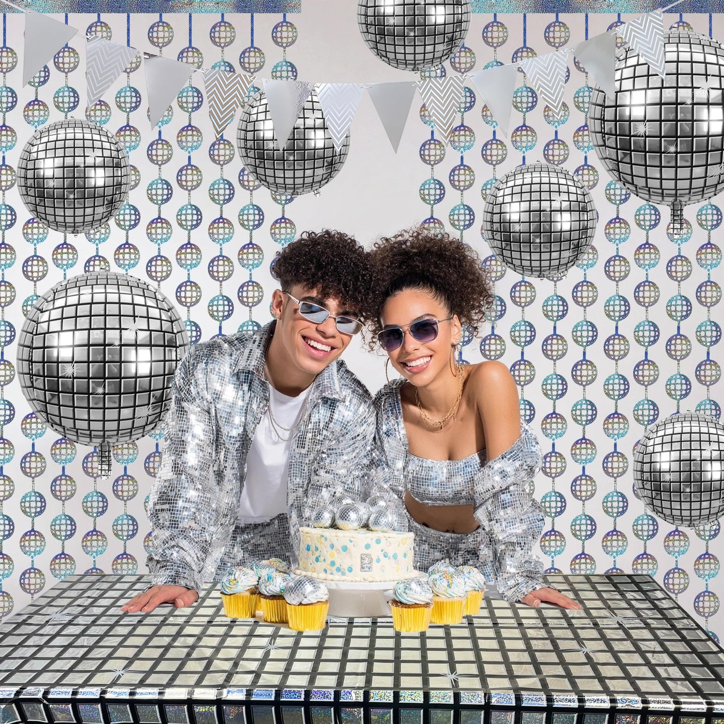 12PCS Disco Party Decorations Supplies Sequin Backdrop Disco Ball Women Men 60s 70s Birthday Party Decorations Tablecloth 2PCS Silver Foil Fringe