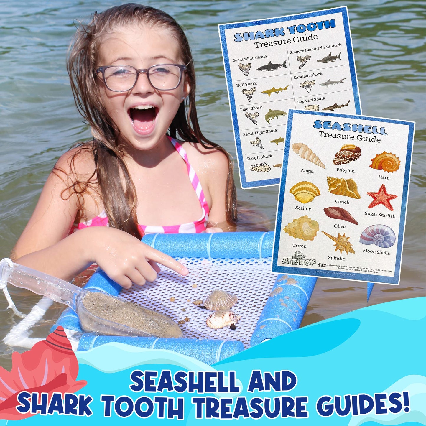 Attatoy Shark Tooth Sand Sifter Set; Beach Fun Play Set w/Mesh Screen, Scoop, Clip, Bag and Treasure Hunt Guide