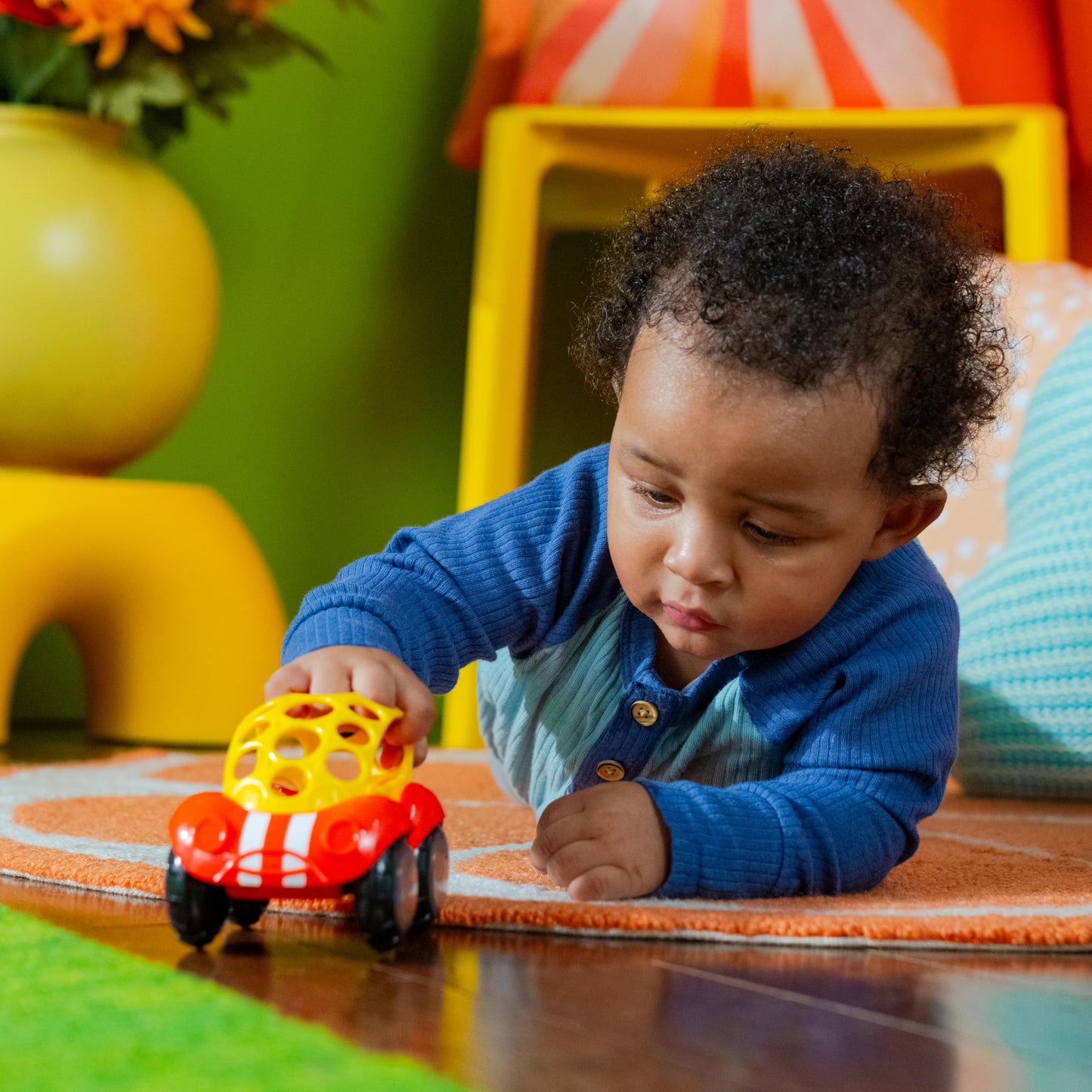 Oball Easy Grasp Rattle & Roll Buggie BPA-Free Push Car Infant Crawling Toy, 1 Pack, Age 3 Months and up, Red/Yellow