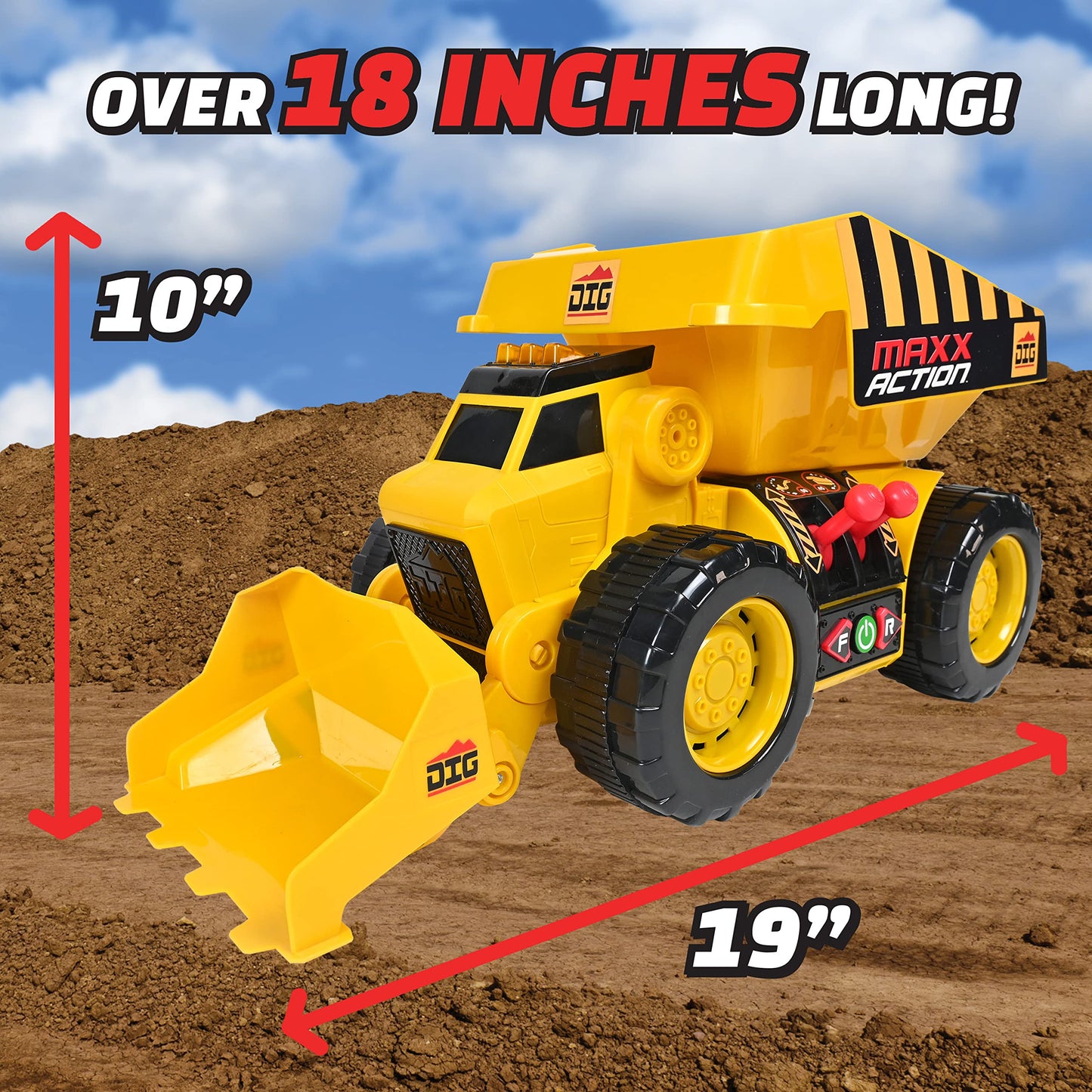 Maxx Action 19'’ 2-N-1 Motorized Dig Rig - Excavator and Dump Truck Toy with Joystick Control for Toddlers | Gift for Kids 3+ | Lights, Sounds
