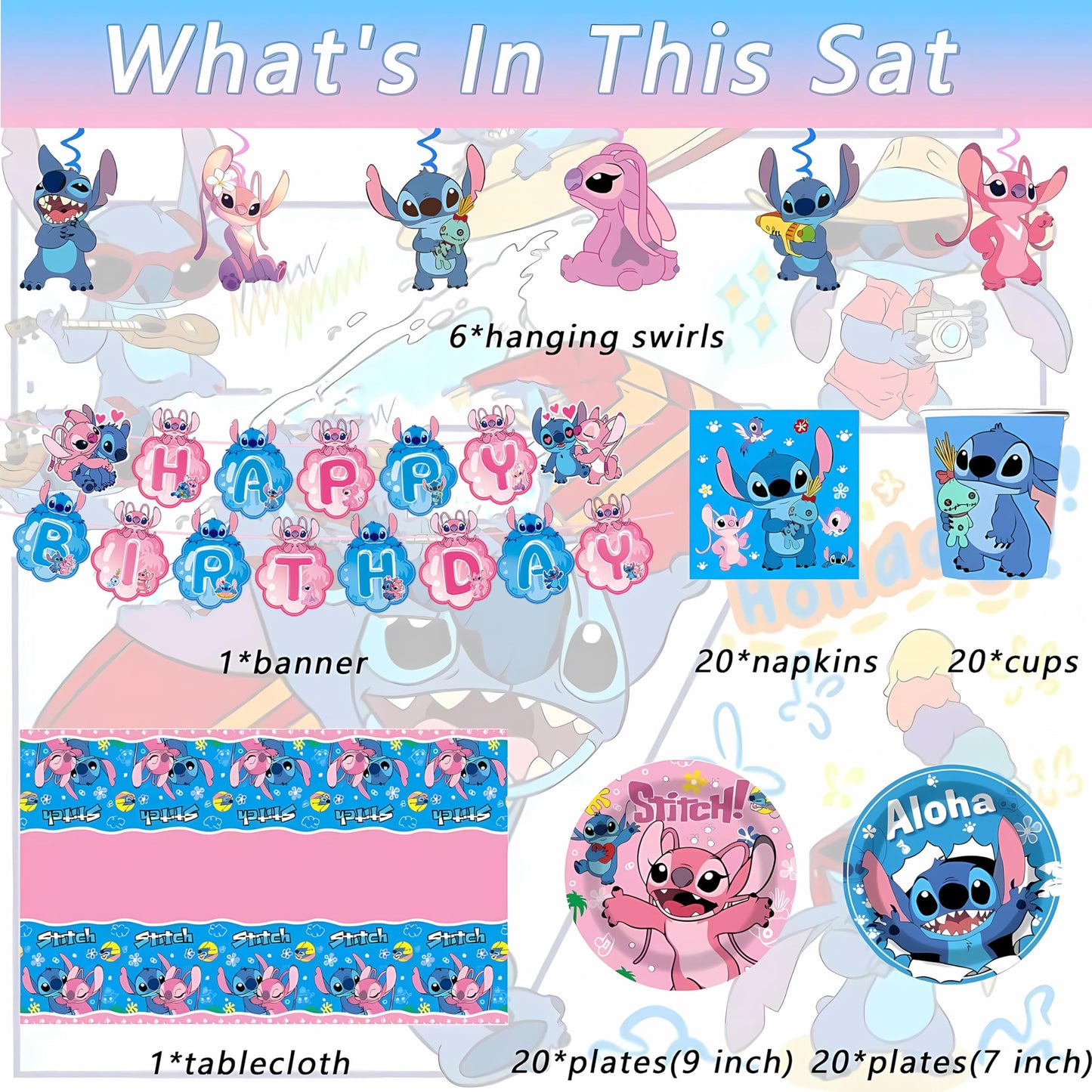 Stitch Party Supplies, Birthday Party Decorations Set Includes Banner, Plates, Napkins, Cups, Hanging Swirls, Tablecloth for Boys Girls Stitch Angel