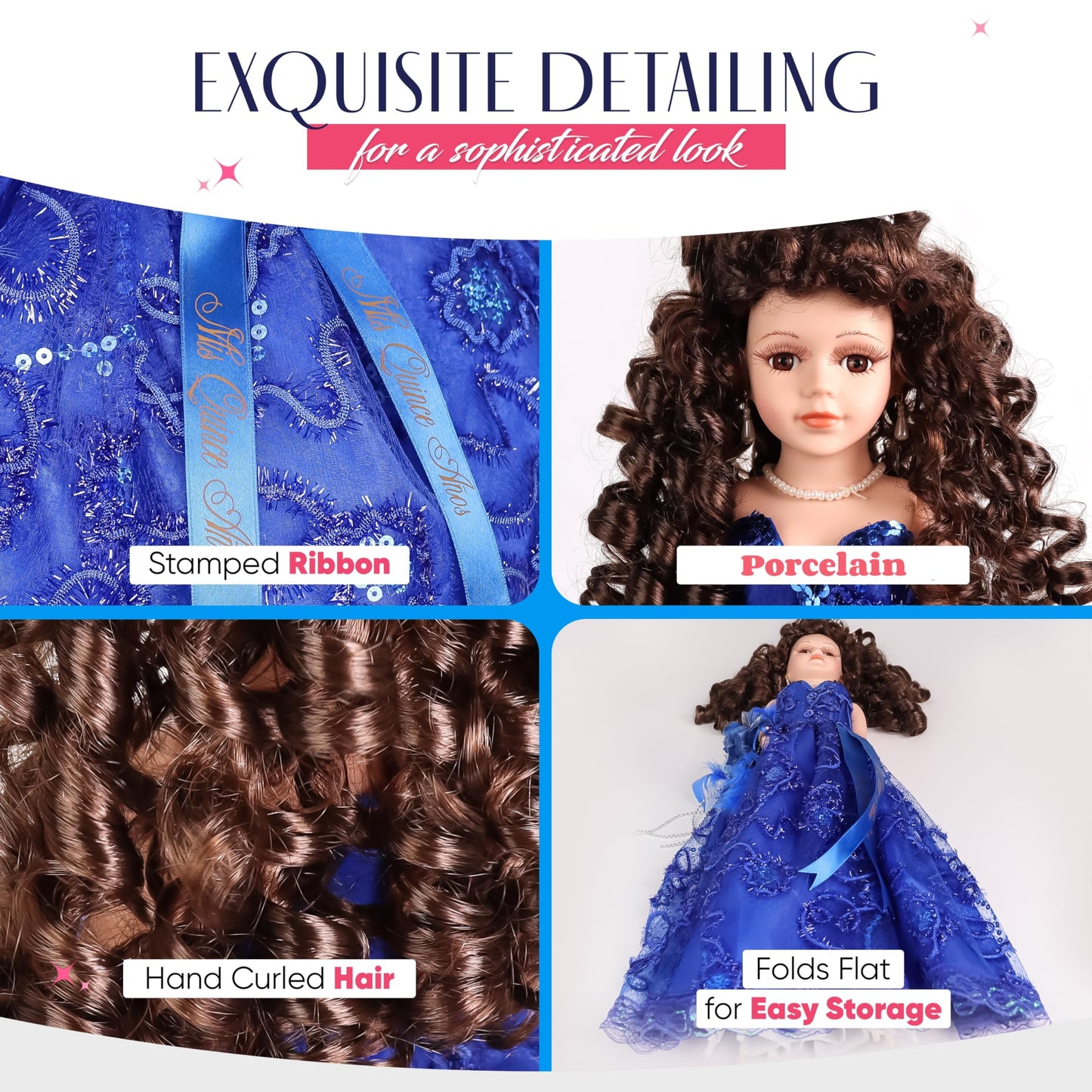 18” Quinceañera Last Doll with Umbrella Dress Stand - Última Muñeca Mis Quince Años Keepsake, Traditional Hispanic Mis 15 Doll, Ceremony & Table