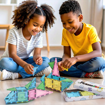 PicassoTiles Magnetic Tiles 20PC Construction Building Blocks Toy with Tin Storage Travel Case Creative Developmental Kids Learning Magnet Tile