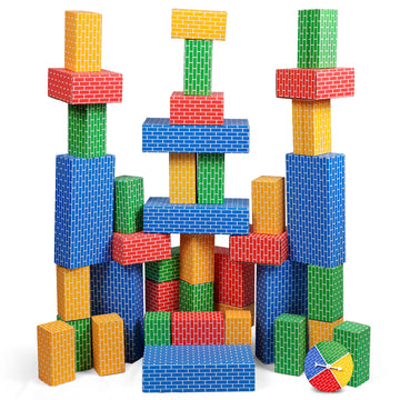 NATIONAL GEOGRAPHIC Kids Jumbo Cardboard Building Blocks - 40 Heavy-Duty Bricks in 3 Sizes, Build & Learn with Game Spinner & Activity Cards for Kids
