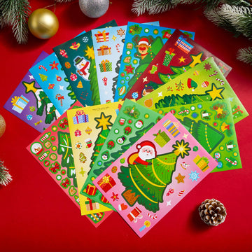 JOYIN 48 Pcs Christmas Sticker Sheets, Christmas Craft Supplies for Kids, Make Your Own Characters Mix and Match Sticker Sheets with Trees, Kids Party