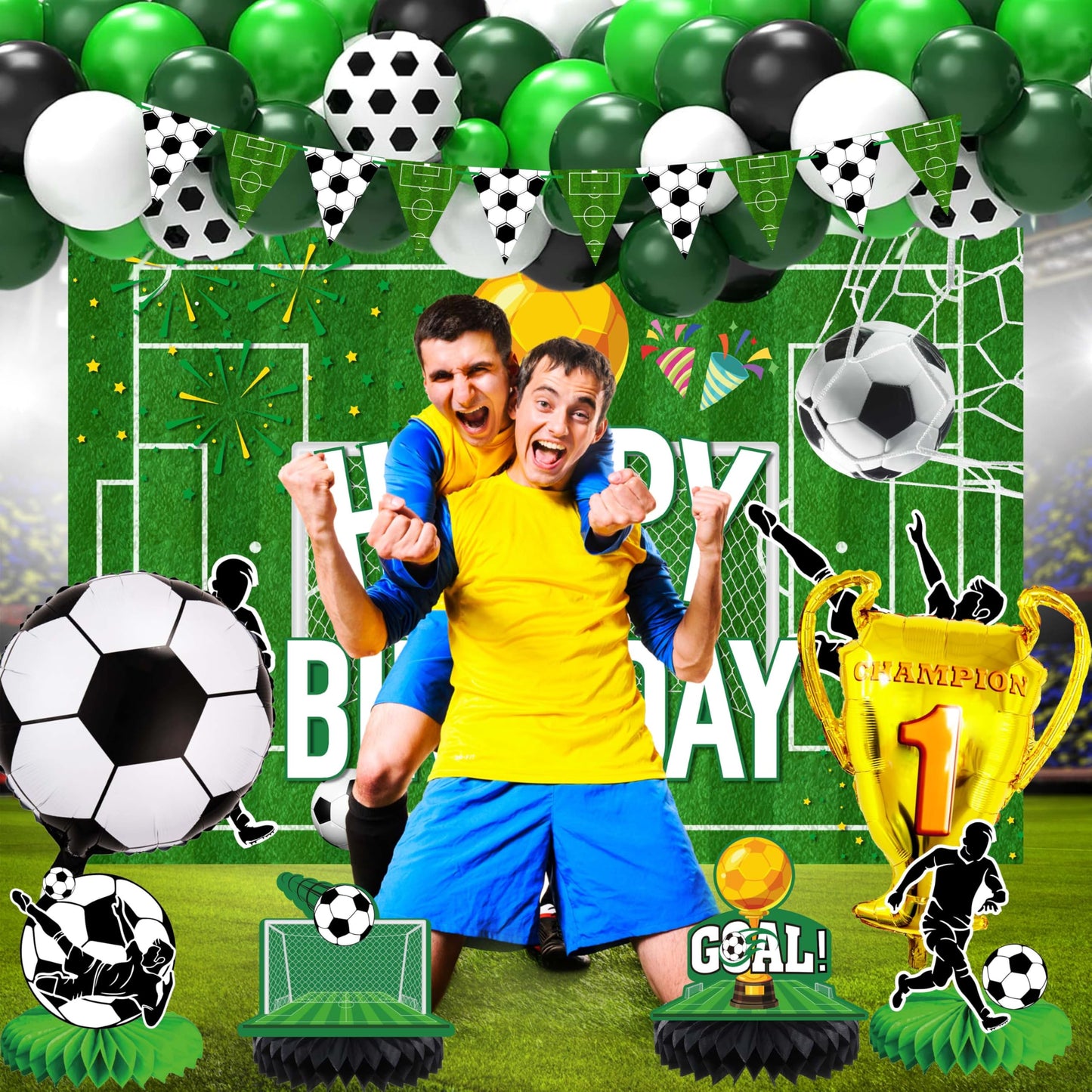jenlion Soccer Birthday Party Decorations, 120Pcs Kit with Tablecloth, Backdrop Banner, Cake Topper, Balloons, Centerpieces & More for Boy