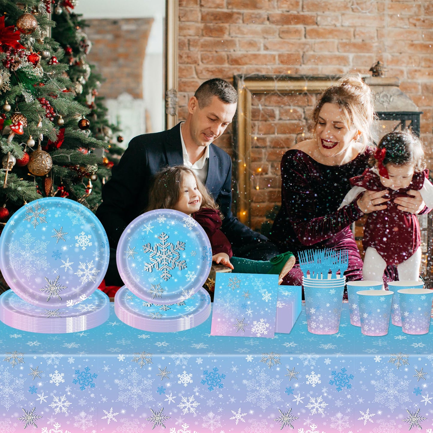 Xindtek 126 Pcs Frozen Birthday Party Supplies Disposable Winter Snowflake Paper Plates Napkins Cups Forks Tablecloth for Christmas Winter Wonderland
