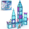 PicassoTiles 70pc Magnetic Tiles Winter Ice Castle Construction Magnet Tile Block Set with Princess Prince Characters Stair Case Windows Doors Pretend