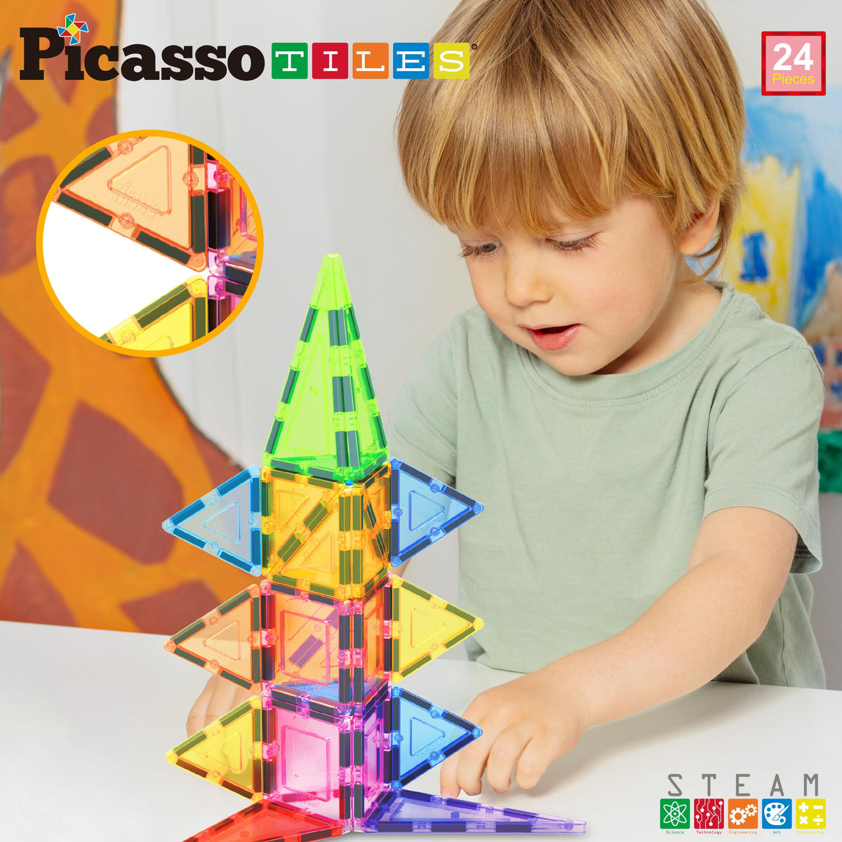 PicassoTiles Magnet Tile Building Block Set Magnetic Construction Square Triangle Tiles Toy Kit Sparking Creativity Geometric Shapes STEM Educational