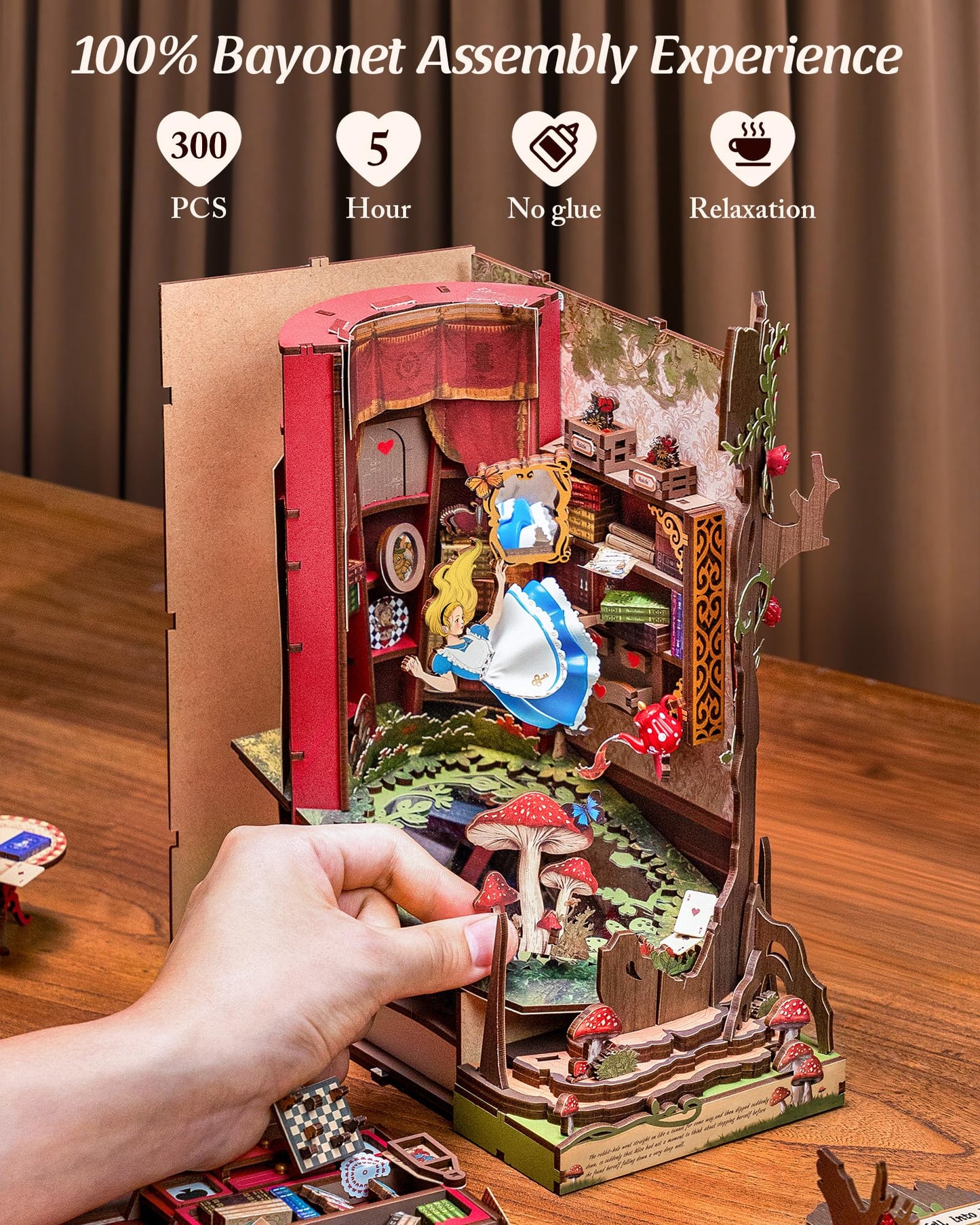 ROBOTIME Book Nook Kits Fall into Wonder, Miniature House Decorative Bookend with LED Light, Fantasy Fairy Tale Bookshelf Decor, DIY Wooden Craft